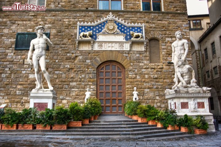 Immagine La statua del David di Michelangelo, e quelle di Ercole e Caco di Baccio Bandinelli, copie che sostituiscono gli originali, dominano l'Arengario che si trova all'ingresso di Palazzo Vecchio a Firenze - © Sergey Kelin / Shutterstock.com