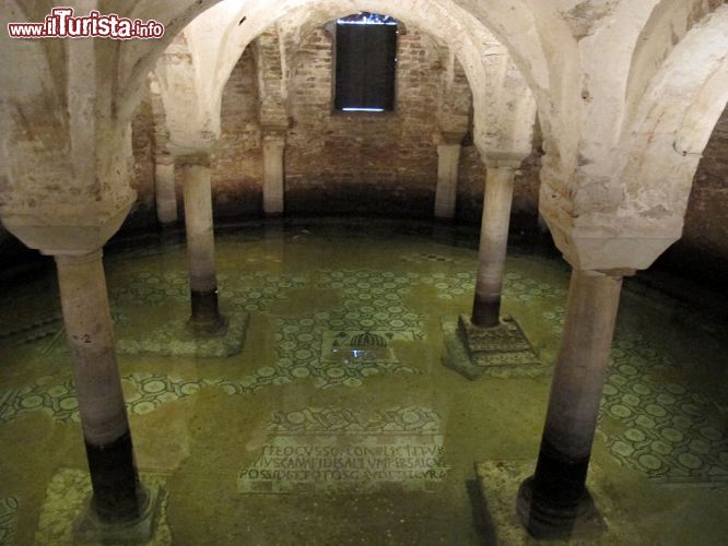 Immagine La cripta della Basilica di San Francesco a Ravenna è parzialmente allagata per il fenomeno della subsidenza. I turisti sono soliti a gettare monetine votive sul pavimento a mosaico dove  è possibile vedere nuotare branchi di pesci