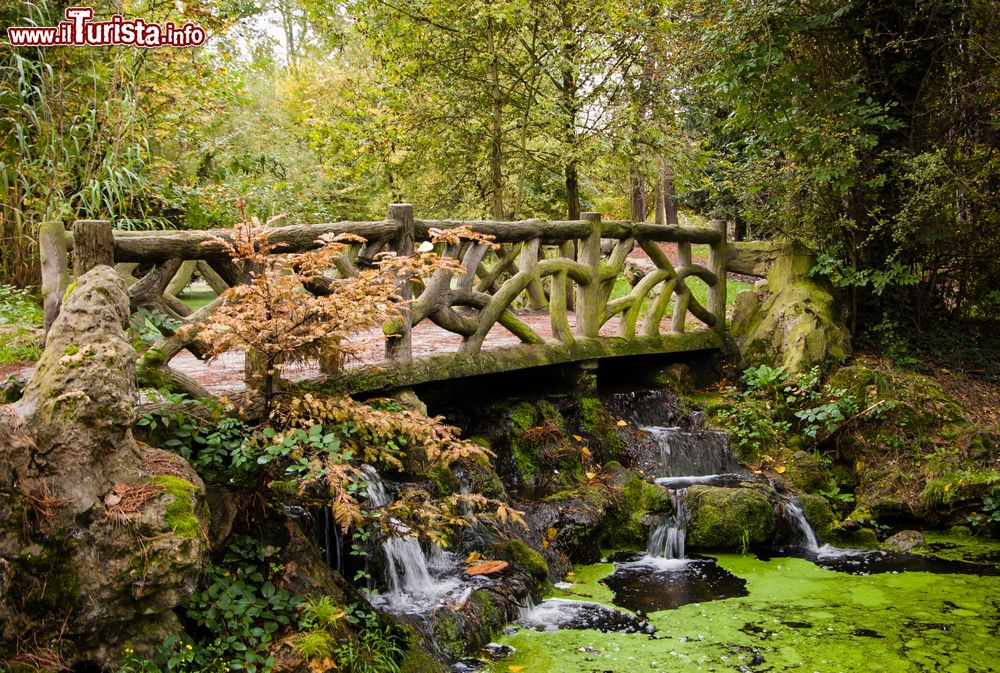 Immagine La pittoresca immagine di un ponte con la staccionata fatta di tronchi d'albero al Bois de Vincennes, Parigi, Francia. In autunno la vegetazione arborea del giardino si tinge di mille sfumature.