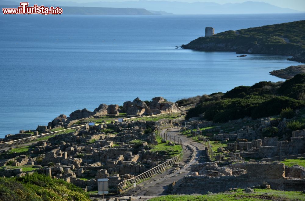 Immagine Il sito archeologico di Tharros affacciato sul Golfo di Oristano e, sullo sfondo, la Torre di San Marco. Siamo in località San Giovanni di Sinis, frazione di Cabras.