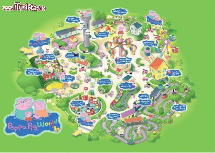 La mappa del Parco a tema Peppa Pig World. La struttura fa parte del più grande Paultons Park Theme, che si trova quasi in Cornovaglia, vicino a Southampton, nel sud dell'Inghilterra. Ospita sette attrazioni ed altri giochi minori - Cortesia foto peppapigworld.co.uk