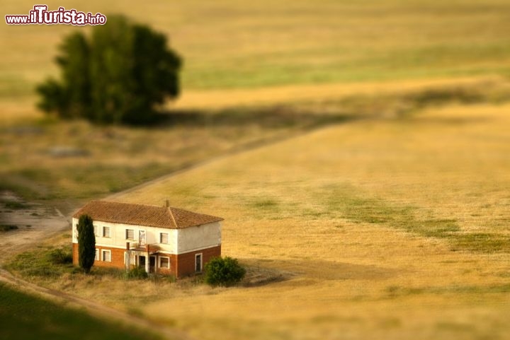 Fotografia in Tilt-shift: la ripresa di un casolare di campagna in italia (Toscana) con obiettivo decentrabile e basculante che produce un effetto miniatura, con sfuocatura ai bordi - © Ikerlaes / Shutterstock.com